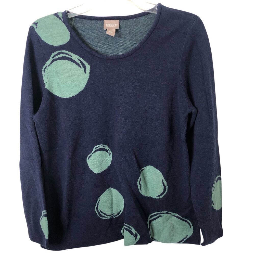 Chico's Women's Navy Sweater w/Green Dots Size 2 (U.S. 12/14) Large
